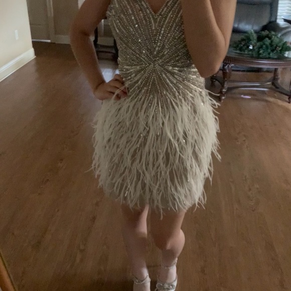 Beige Rhinestone Feather Mini Dress - Picture 2 of 6